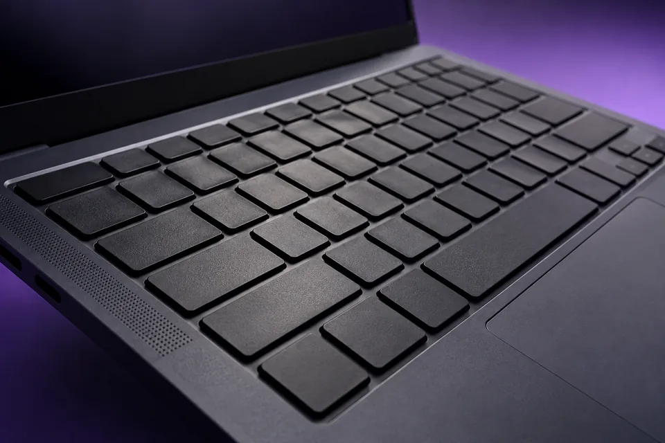 Nahaufnahme einer Notebook-Tastatur im seitlichen Licht.