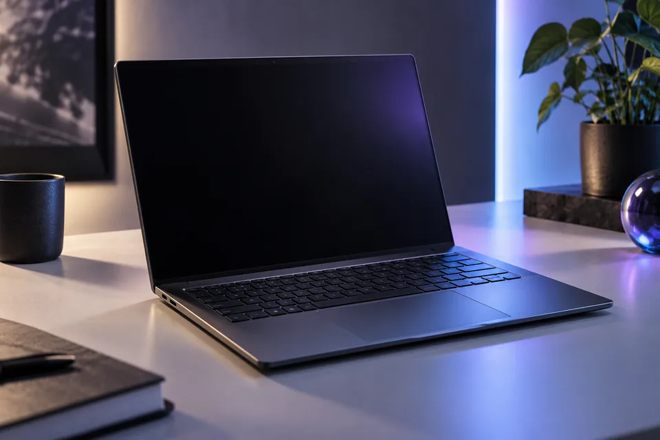 Ein aufgeklapptes, unbeschriftetes Notebook auf einer hellen Fläche.