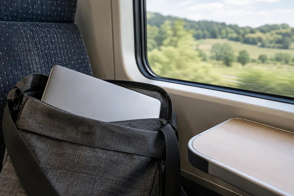Ein kompaktes Notebook in einer Tasche am Zugfenster.